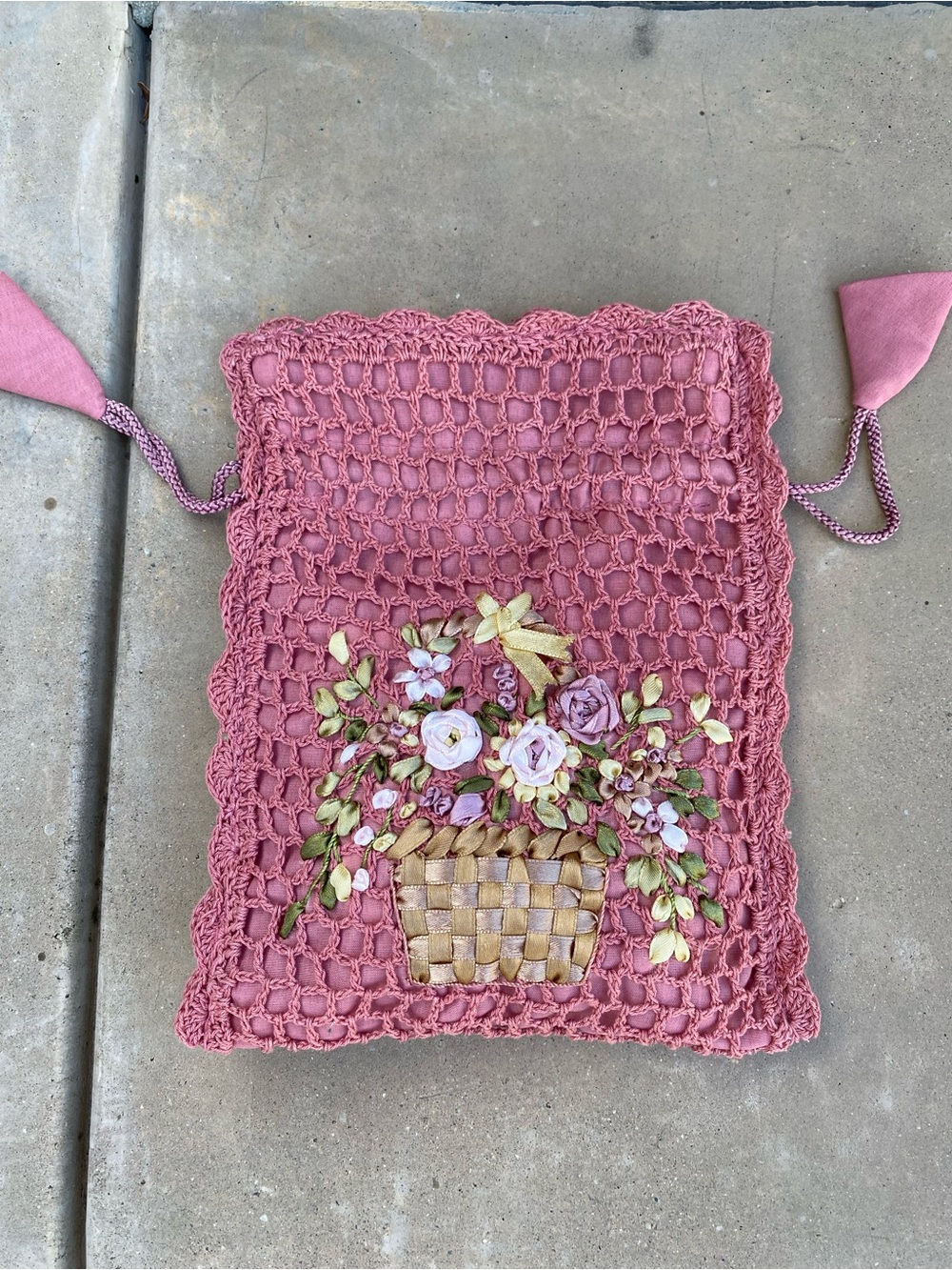 vintage crochet lace drawstring pouch featuring a detailed ribbon embroidery bas